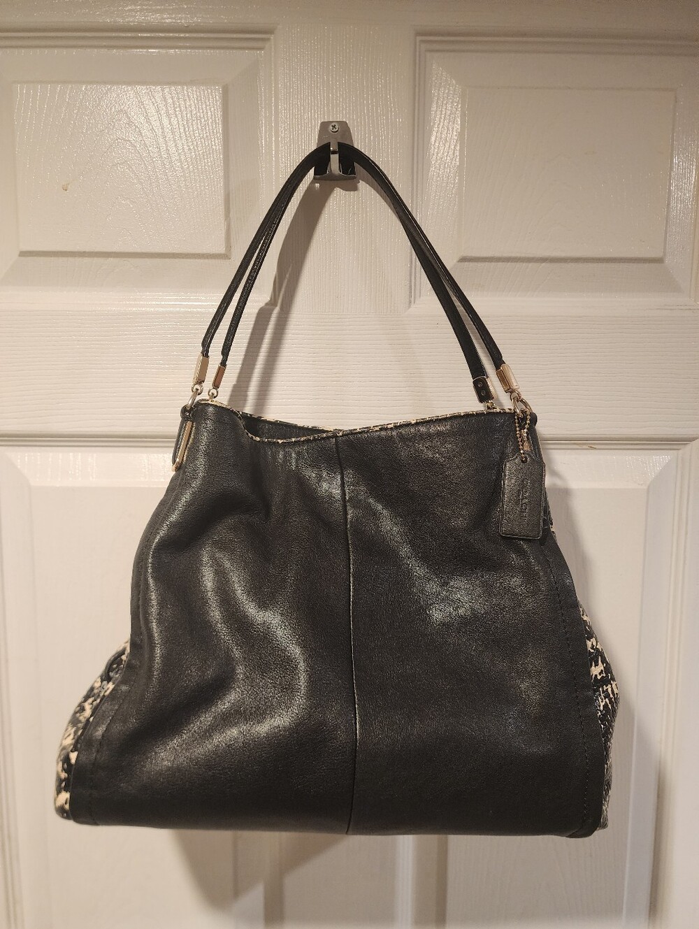 Coach Madison Phoebe Black Two-Tone Python Leather Shoulder Bag Tote Purse